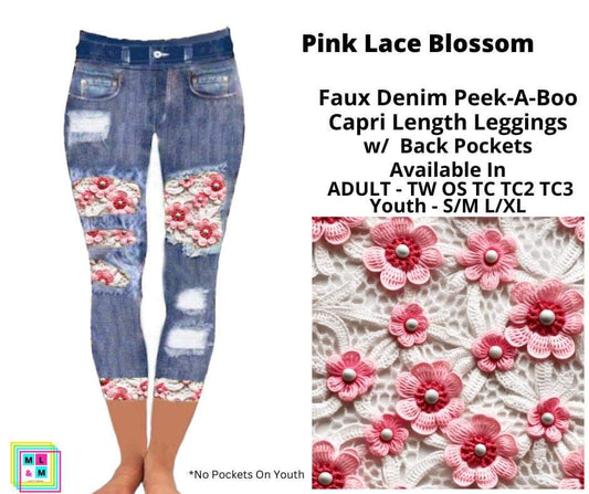 Pink Lace Blossom Faux Denim Peekaboo Capris