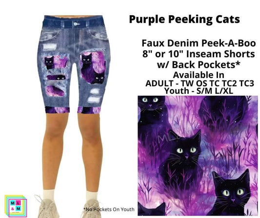 Purple Peeking Cats 10" Inseam Faux Denim Shorts