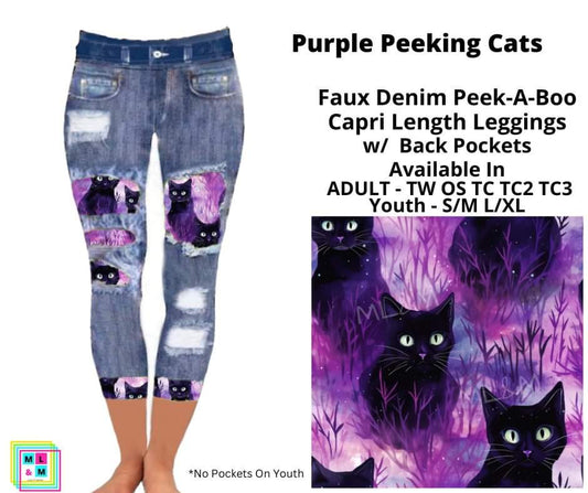 Purple Peeking Cats Faux Denim Peekaboo Capris