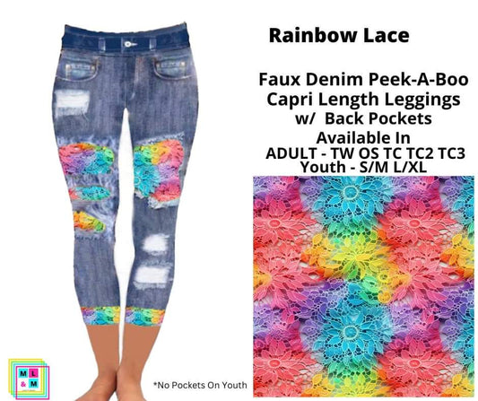 Rainbow Lace Faux Denim Peekaboo Capris