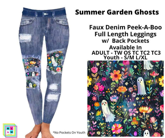 Summer Garden Ghosts Faux Denim Full Length Peekaboo Leggings