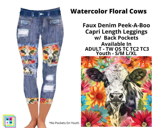Watercolor Floral Cows Faux Denim Peekaboo Capris