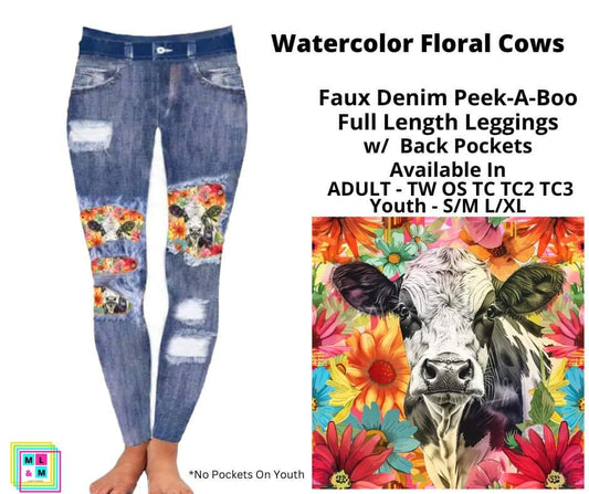 Watercolor Floral Cows Faux Denim Full Length Peekaboo Leggings