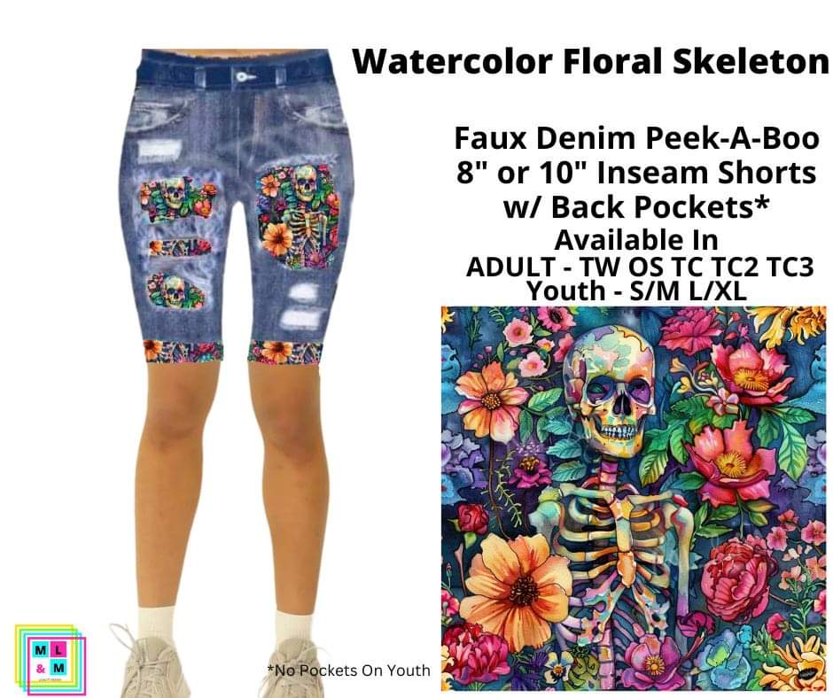 Watercolor Floral Skeleton 10" Inseam Faux Denim Shorts