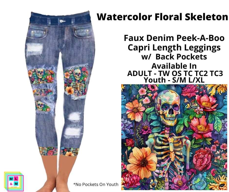 Watercolor Floral Skeleton Faux Denim Peekaboo Capris