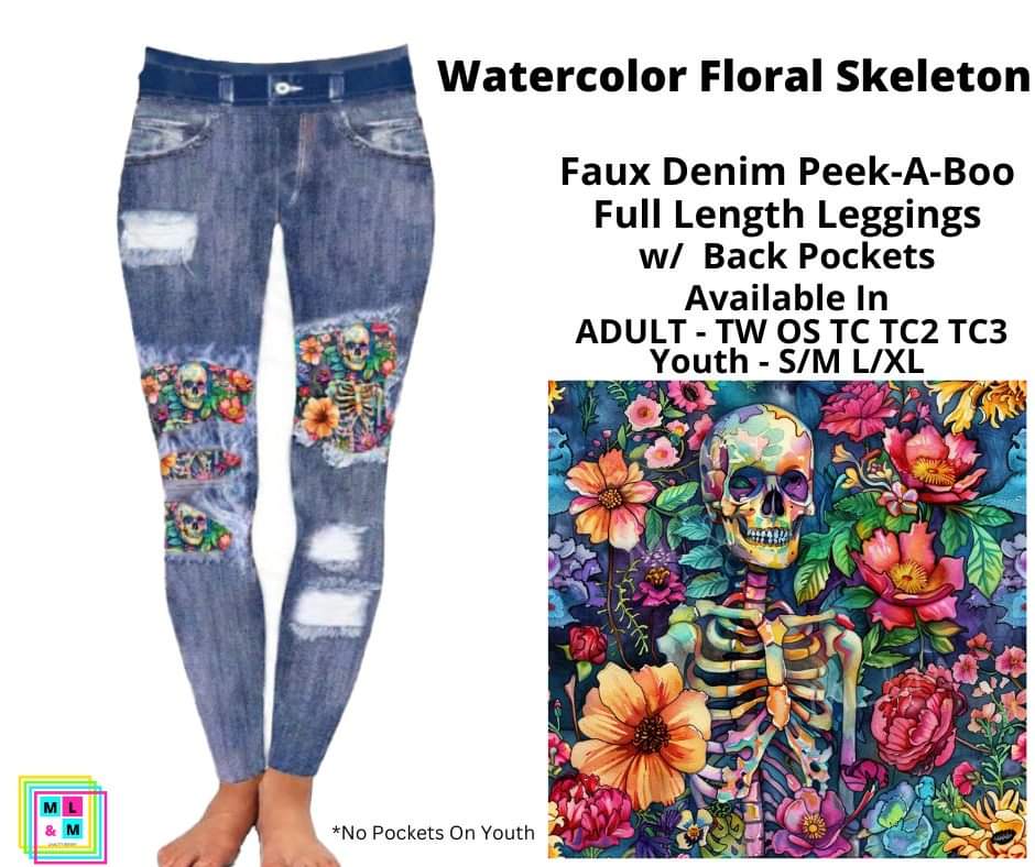 Watercolor Floral Skeleton Faux Denim Full Length Peekaboo Leggings