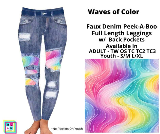 Waves of Color Faux Denim Full Length Peekaboo Leggings