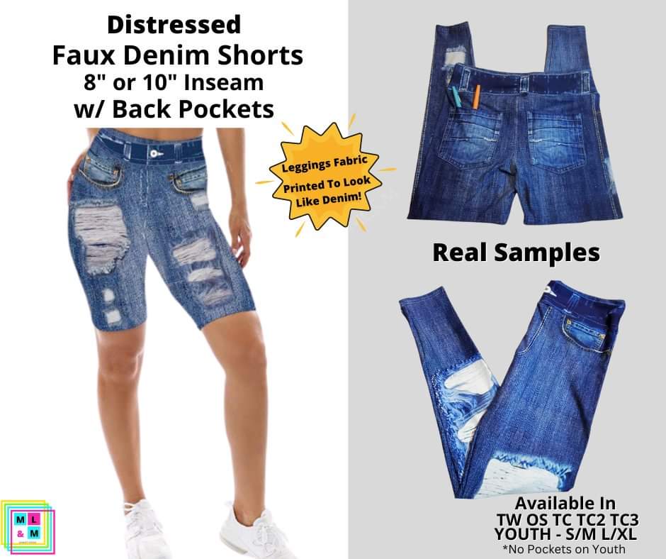 Blue Distressed Faux Denim Shorts w/ Back Pockets