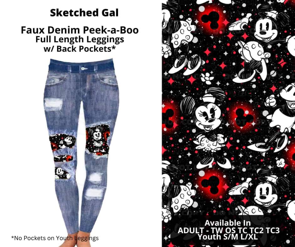 Sketched Gal Faux Denim Full Length Peekaboo Leggings