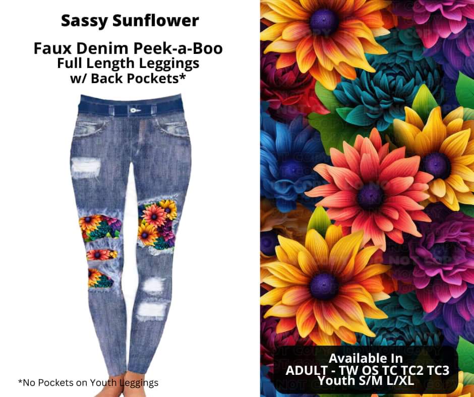 Sassy Sunflower Faux Denim Full Length Peekaboo Leggings