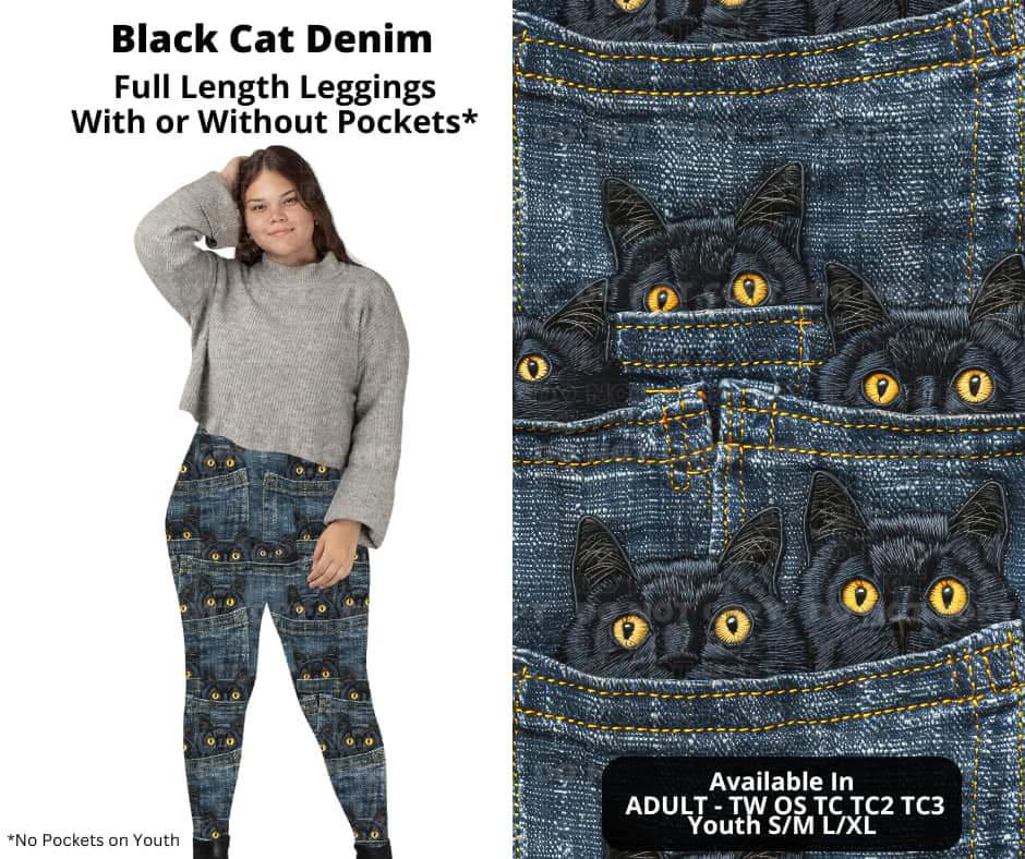 Black Cat Denim Full Length Leggings w/ Pockets