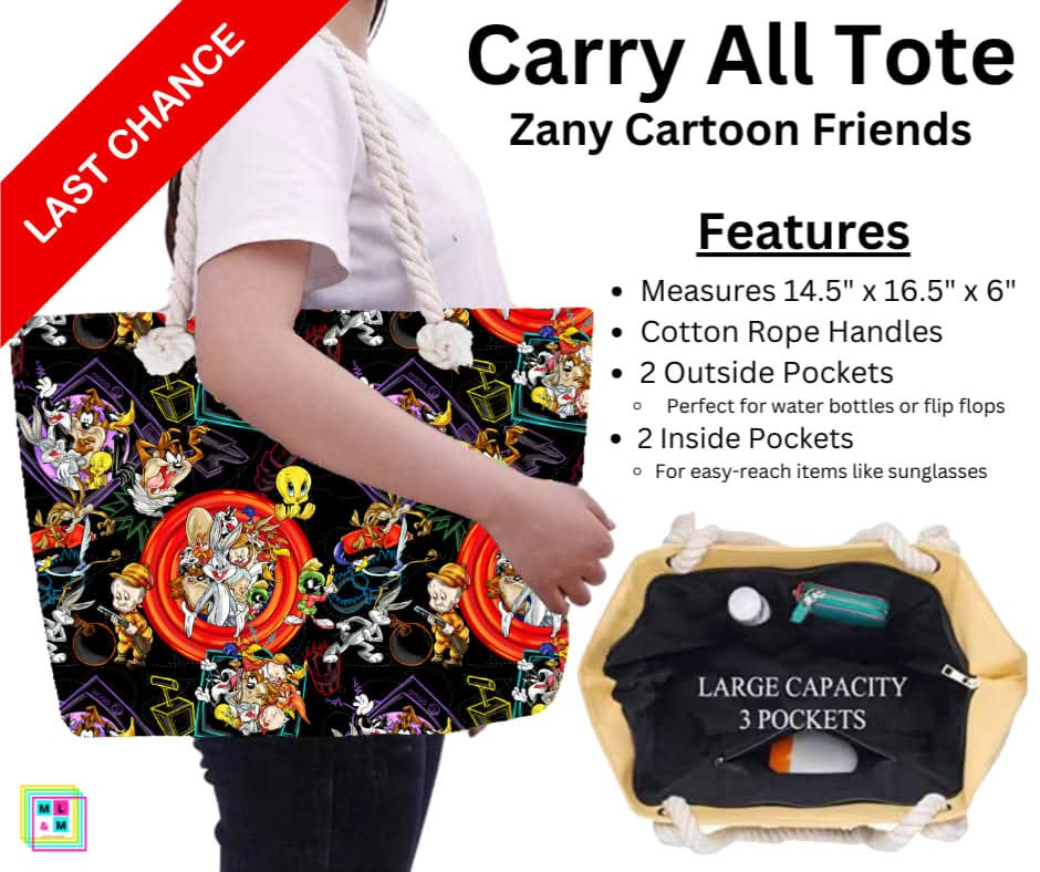 Zany Cartoon Friends Carry All Tote w/ Zipper