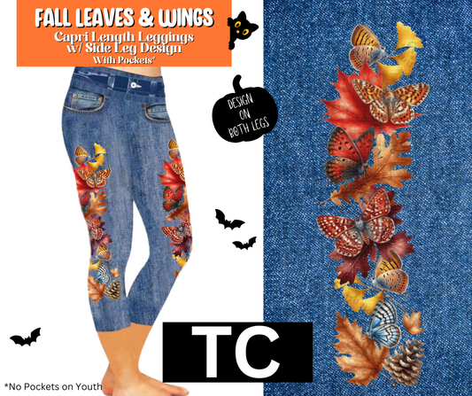 Fall Leaves & Wings Capri Faux Denim w/ Side Leg Designs