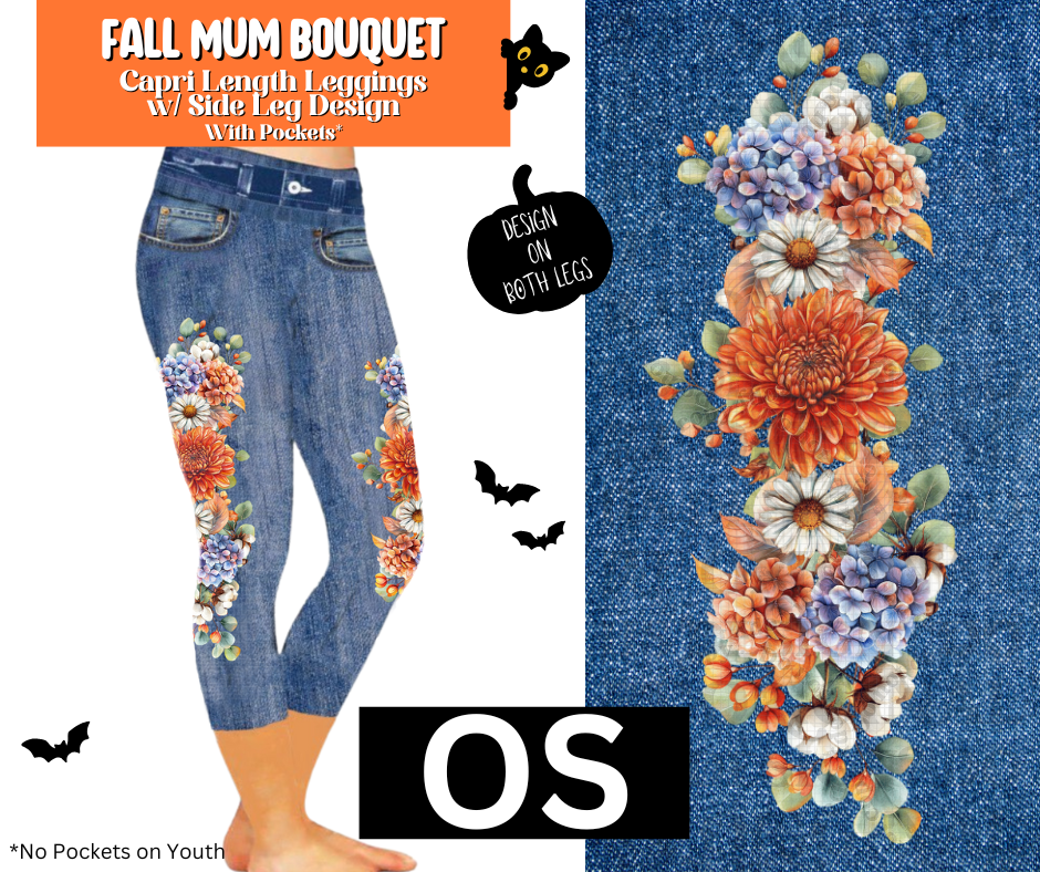Fall Mum Bouquet Capri Faux Denim w/ Side Leg Designs