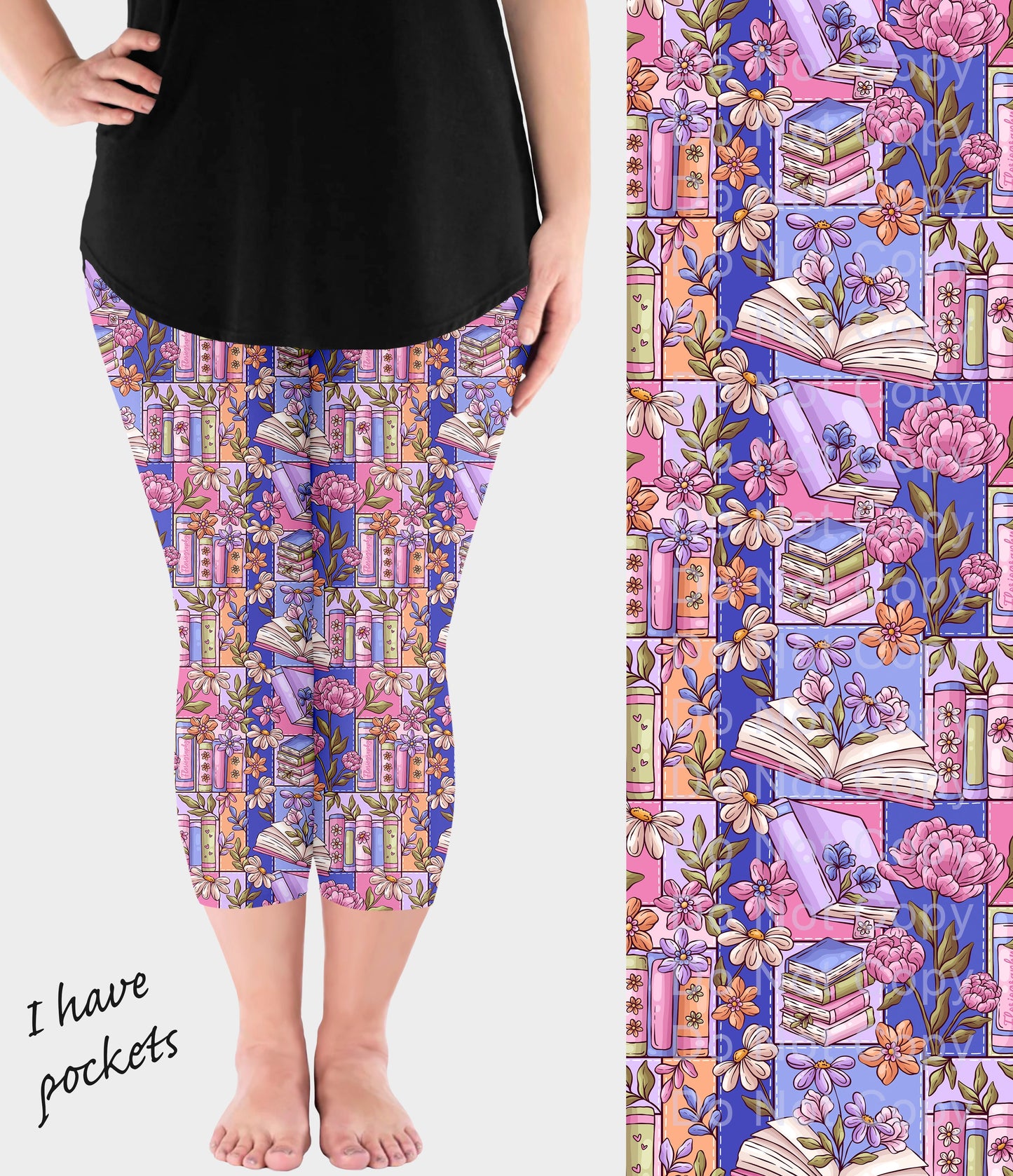 RTS - Floral Book Patchwork Capri Leggings w/ Pockets
