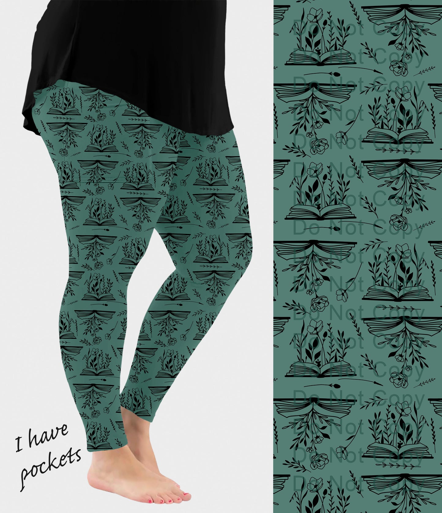 RTS - Floral Teal Books Leggings w/ Pockets