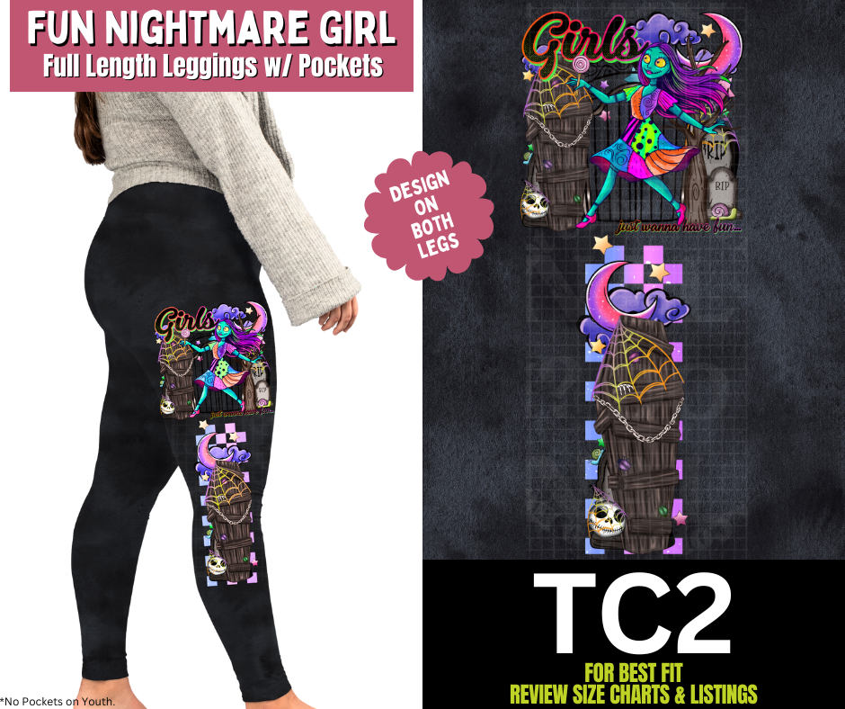 Fun Nightmare Girl Watercolor Full Length Leggings w/ Side Leg Designs