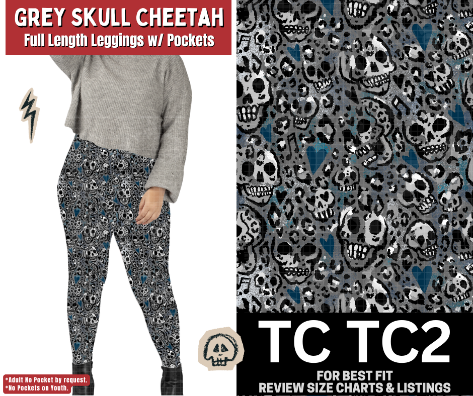 Grey Skull Cheetah Full Length Leggings w/ Pockets