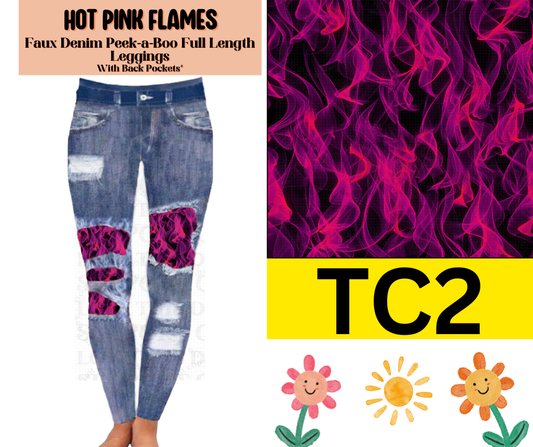Hot Pink Flames Faux Denim Full Length Peekaboo Leggings