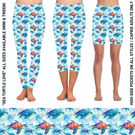 RTS - Sea Turtle Love Capris with High Side Pockets