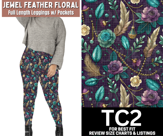 Jewel Feather Floral Full Length Leggings w/ Pockets