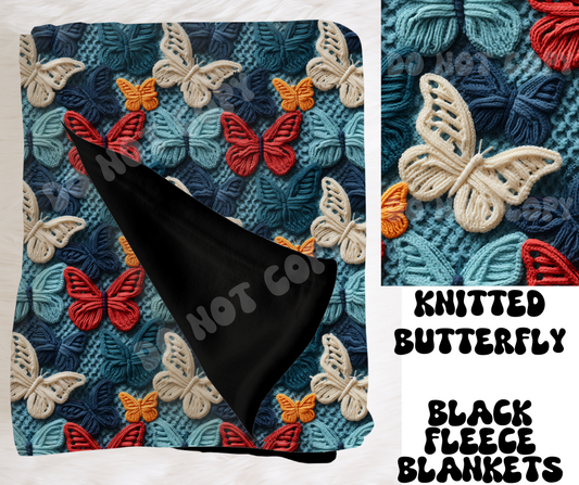 KNITTED BUTTERFLY- SOFT BLACK FLEECE THROW BLANKET