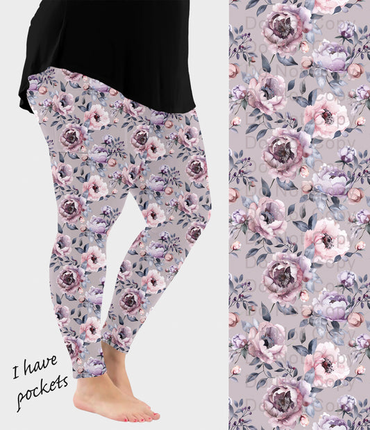 RTS - Mauve Peony Blooms Leggings w/ Pockets