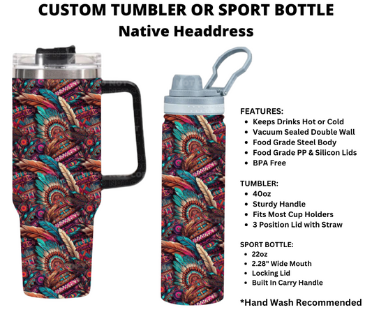 Native Headdress Custom Tumbler or Sport Bottle