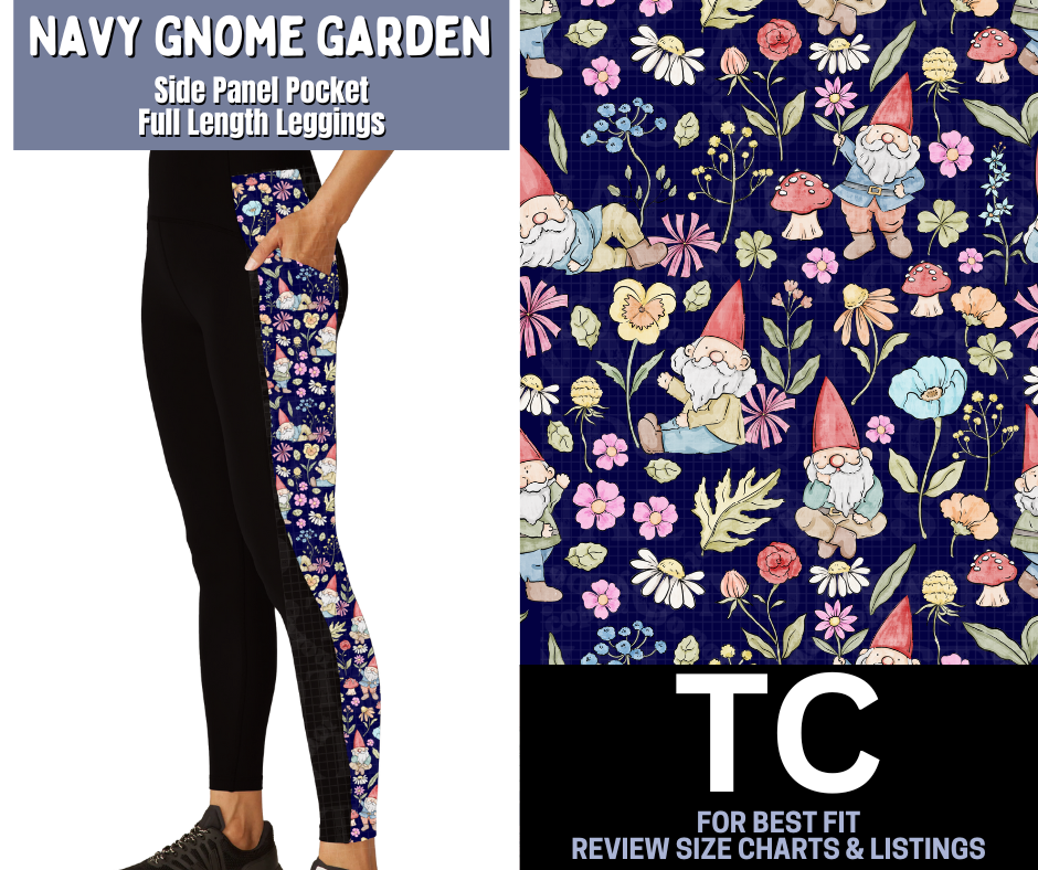 Navy Gnome Garden Side Panel Pocket Full Length Leggings