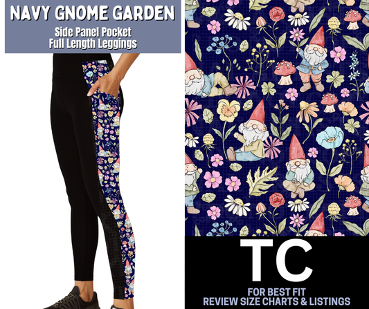 Navy Gnome Garden Side Panel Pocket Full Length Leggings