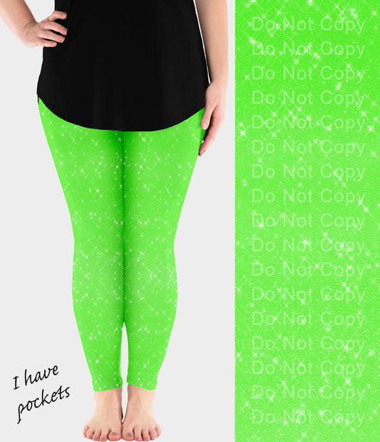 RTS - Neon Green Sparkle Leggings w/ Pockets