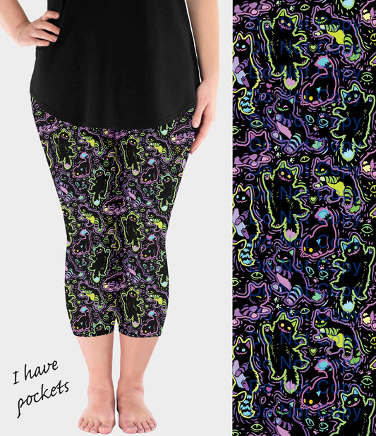 RTS - Psychedelic Cat Capri Leggings w/ Pockets