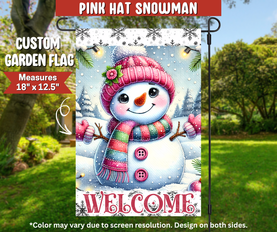 Pink Hat Snowman Garden Flag