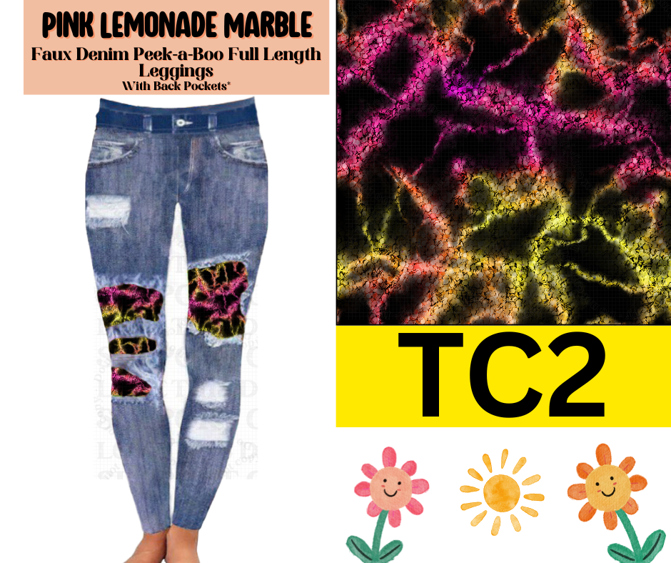 Pink Lemonade Marble Faux Denim Full Length Peekaboo Leggings