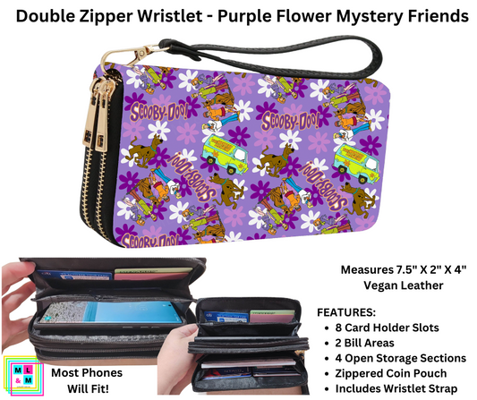 Purple Flower Mystery Friends Double Zipper Wristlet
