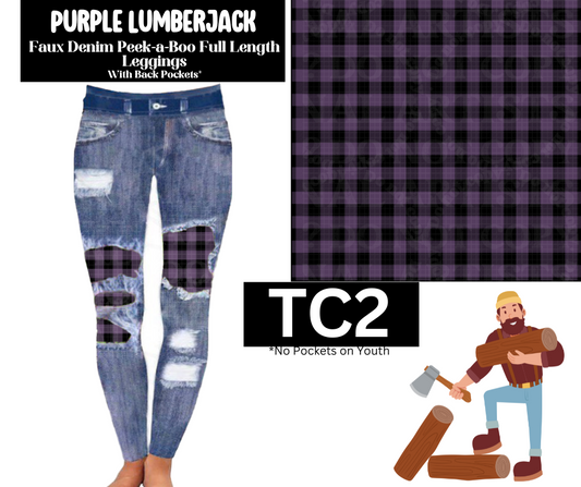 Purple Lumberjack Faux Denim Full Length Peekaboo Leggings