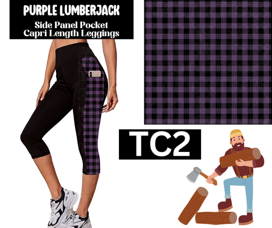 Purple Lumberjack Side Panel Pocket Capri Length Leggings
