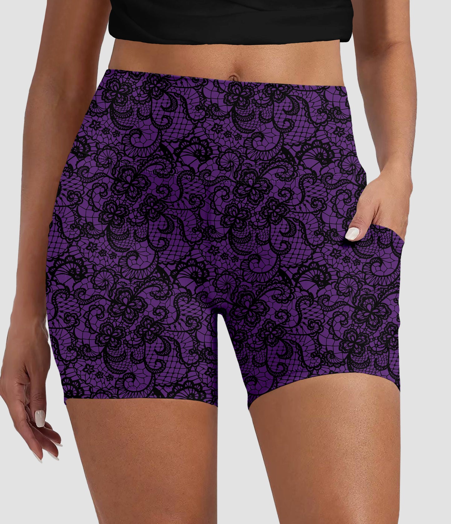 RTS - Purple Floral Lace Design Biker Shorts with Pockets