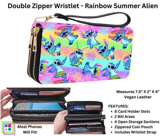 Rainbow Summer Alien Double Zipper Wristlet