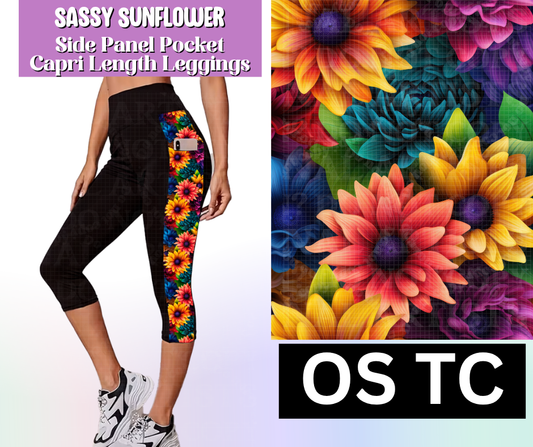 Sassy Sunflower Side Panel Pocket Capri Length Leggings