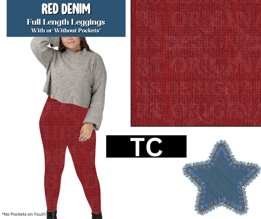 Red Denim Full Length Leggings w/ Pockets