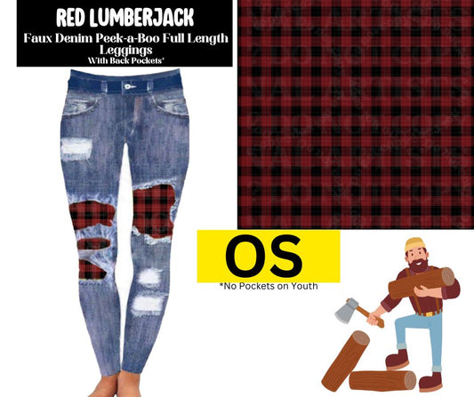 Red Lumberjack Faux Denim Full Length Peekaboo Leggings