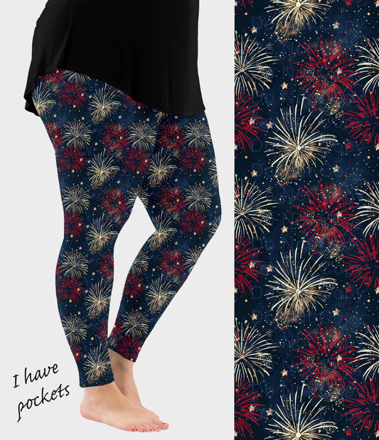 RTS - Red and Gold Fireworks Leggings with Pockets