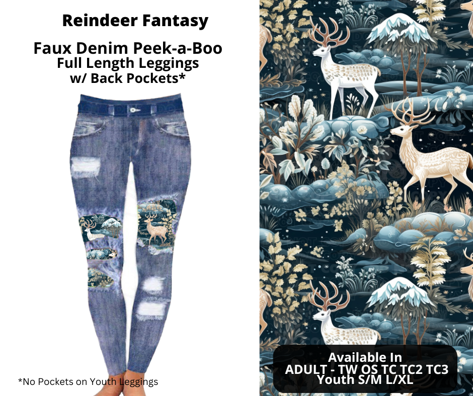 Reindeer Fantasy Faux Denim Full Length Peekaboo Leggings