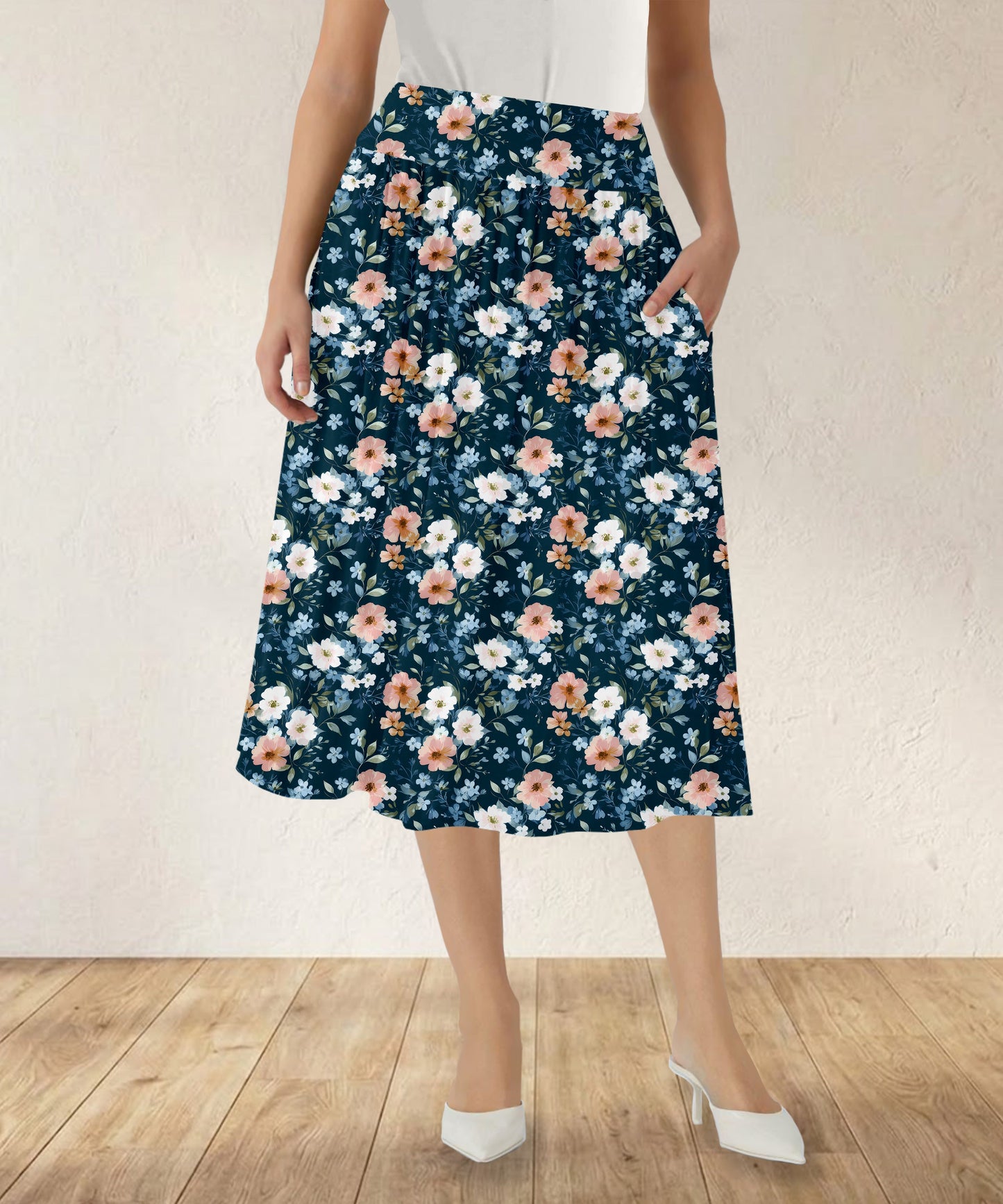 RTS - Serenity Blooms Swing Skirt with Pockets