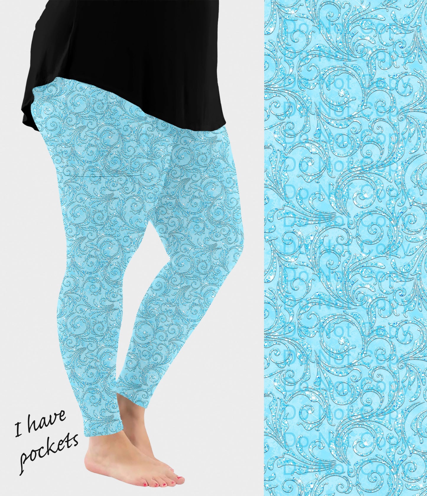 RTS - Sky Blue Paisley Sparkle Leggings w/ Pockets