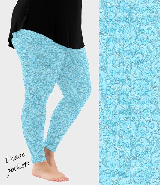 RTS - Sky Blue Paisley Sparkle Leggings w/ Pockets