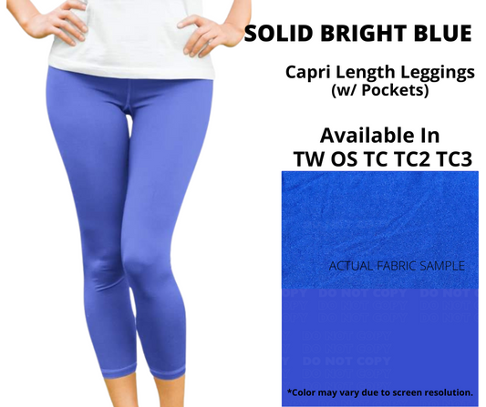 Solid Bright Blue Capri Leggings w/ Pockets