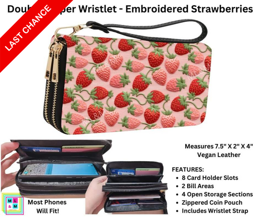 Embroidered Strawberries Double Zipper Wristlet