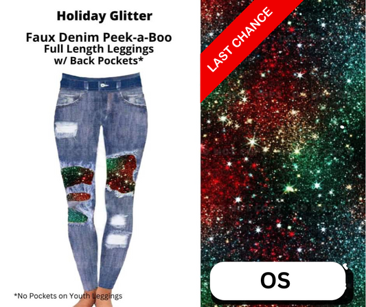 Holiday Glitter Faux Denim Full Length Peekaboo Leggings